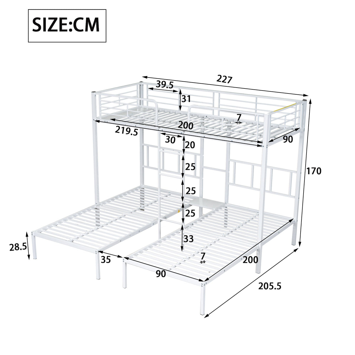 Triple Bed, Bunk Bed with Ladder, Safety Rail & Table, Iron White