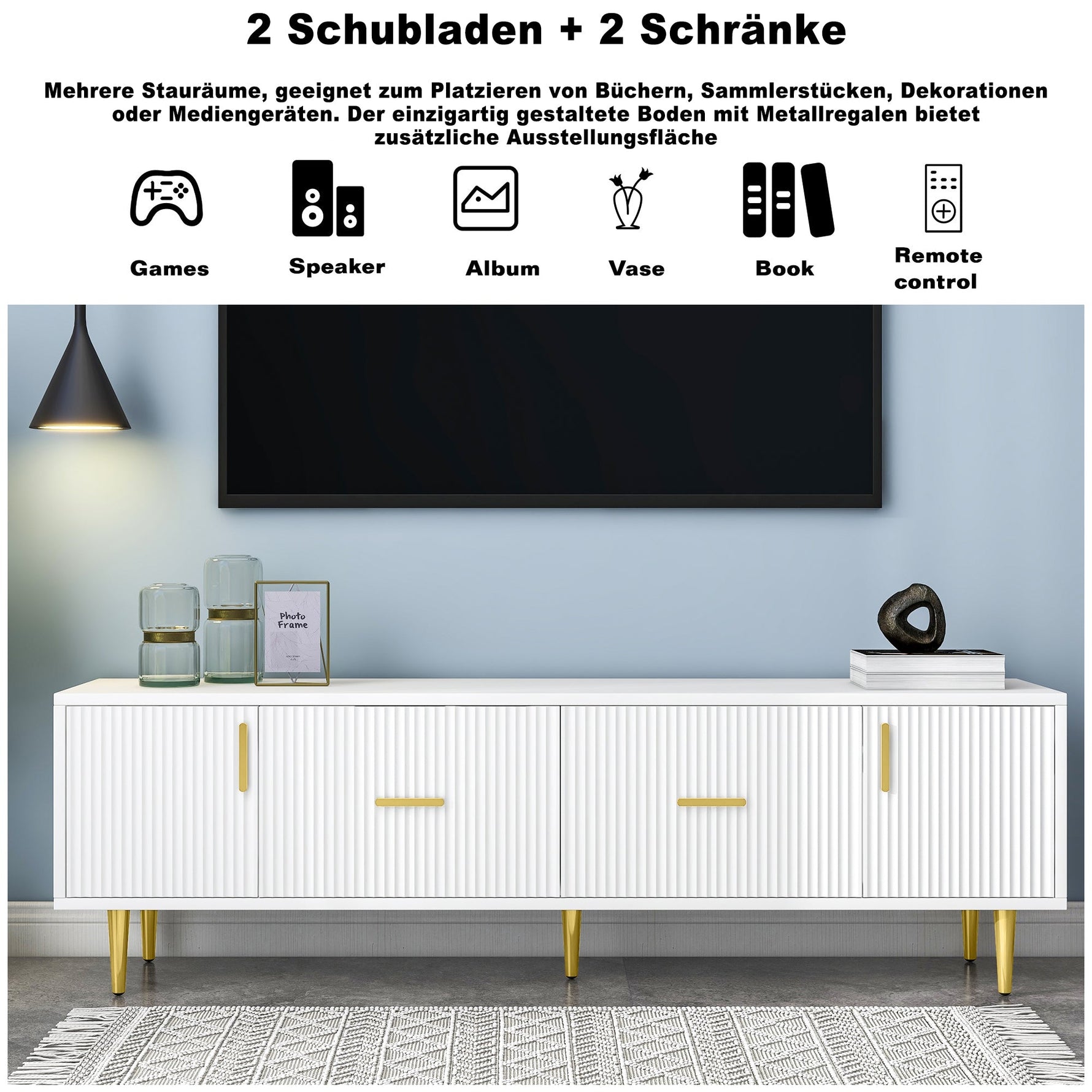 TV Stand 170cm for 70-inch TVs with 2 Doors 2 Drawers Gold Handles White