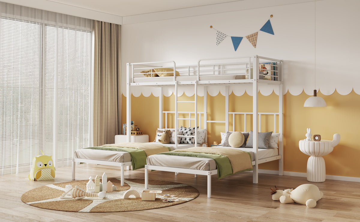 Triple Bed, Bunk Bed with Ladder, Safety Rail & Table, Iron White