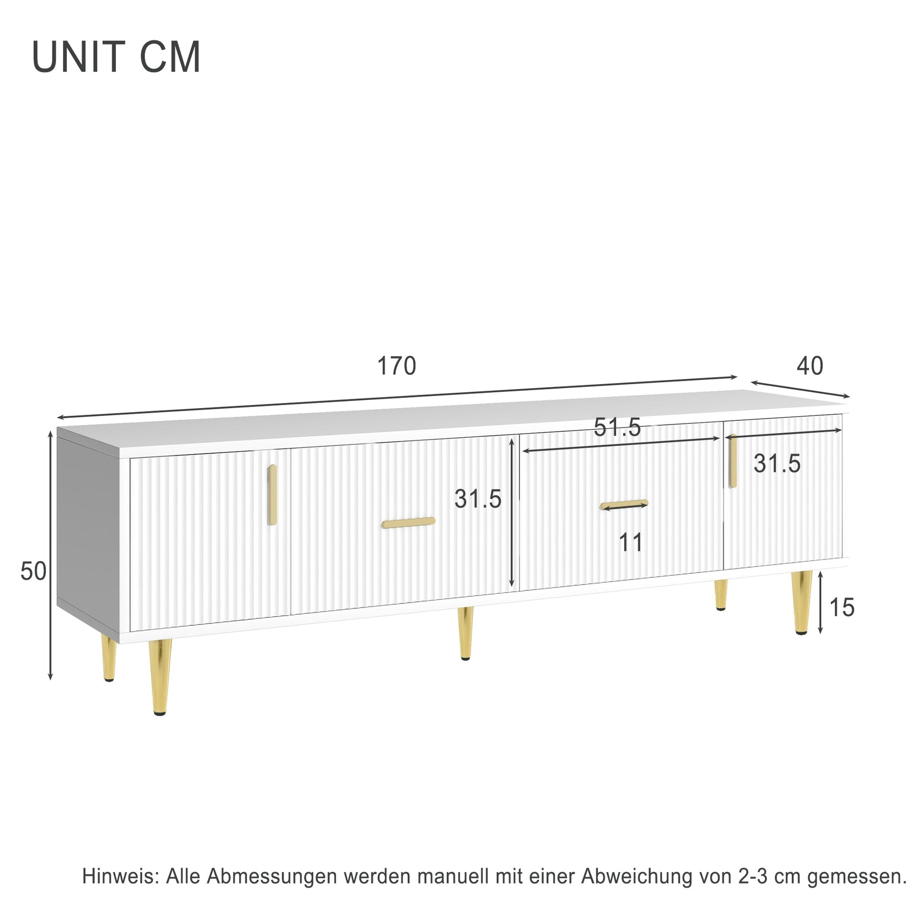 TV Stand 170cm for 70-inch TVs with 2 Doors 2 Drawers Gold Handles White