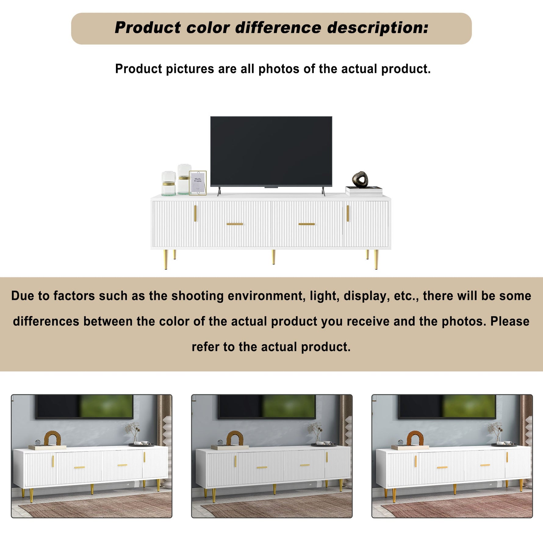 TV Stand 170cm for 70-inch TVs with 2 Doors 2 Drawers Gold Handles White