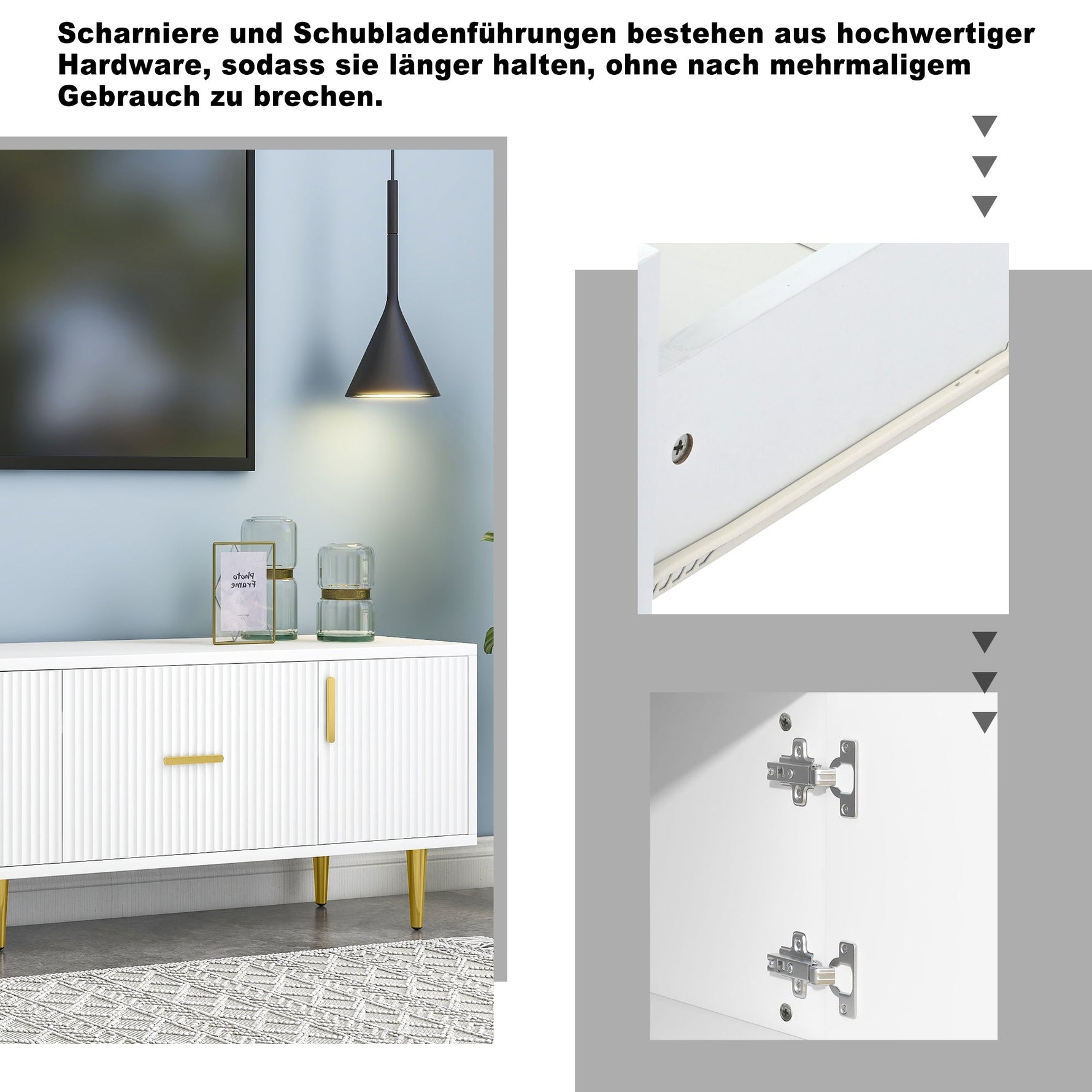 TV Stand 170cm for 70-inch TVs with 2 Doors 2 Drawers Gold Handles White