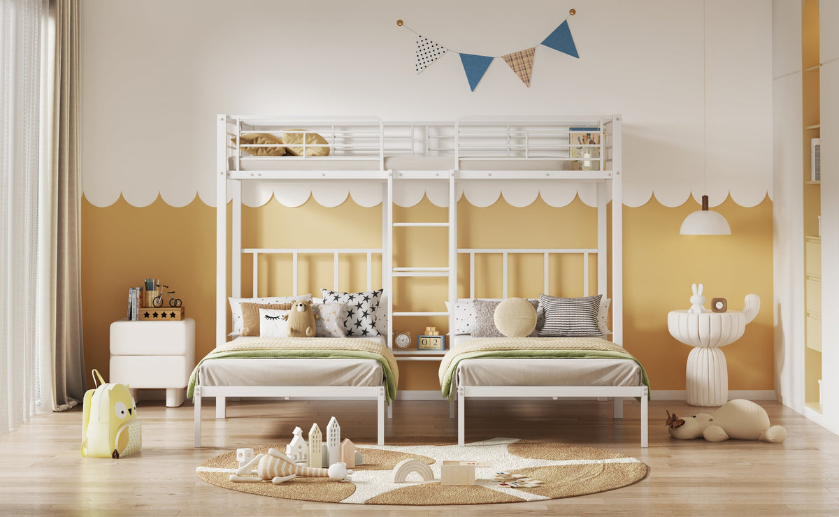 Triple Bed, Bunk Bed with Ladder, Safety Rail & Table, Iron White