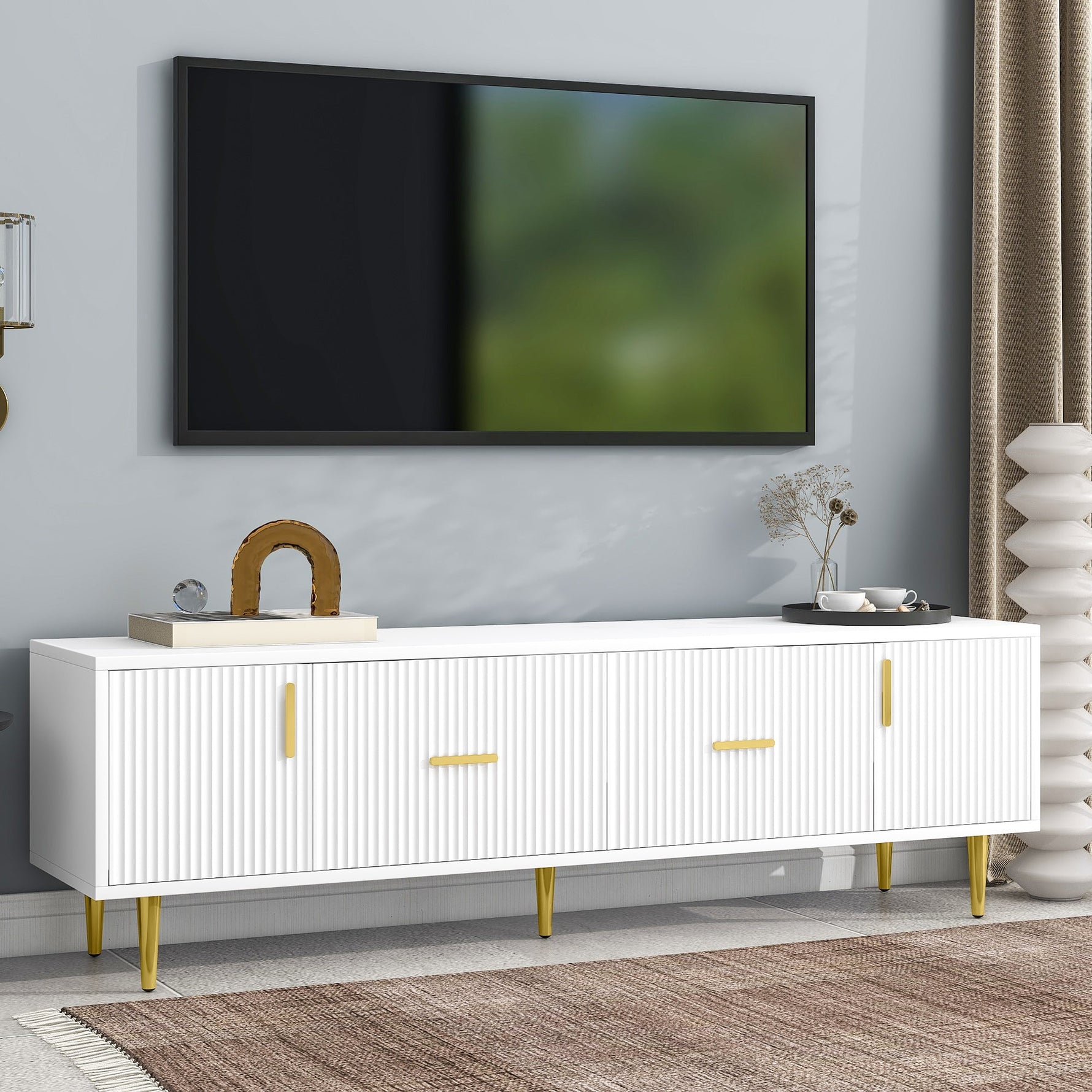 TV Stand 170cm for 70-inch TVs with 2 Doors 2 Drawers Gold Handles White
