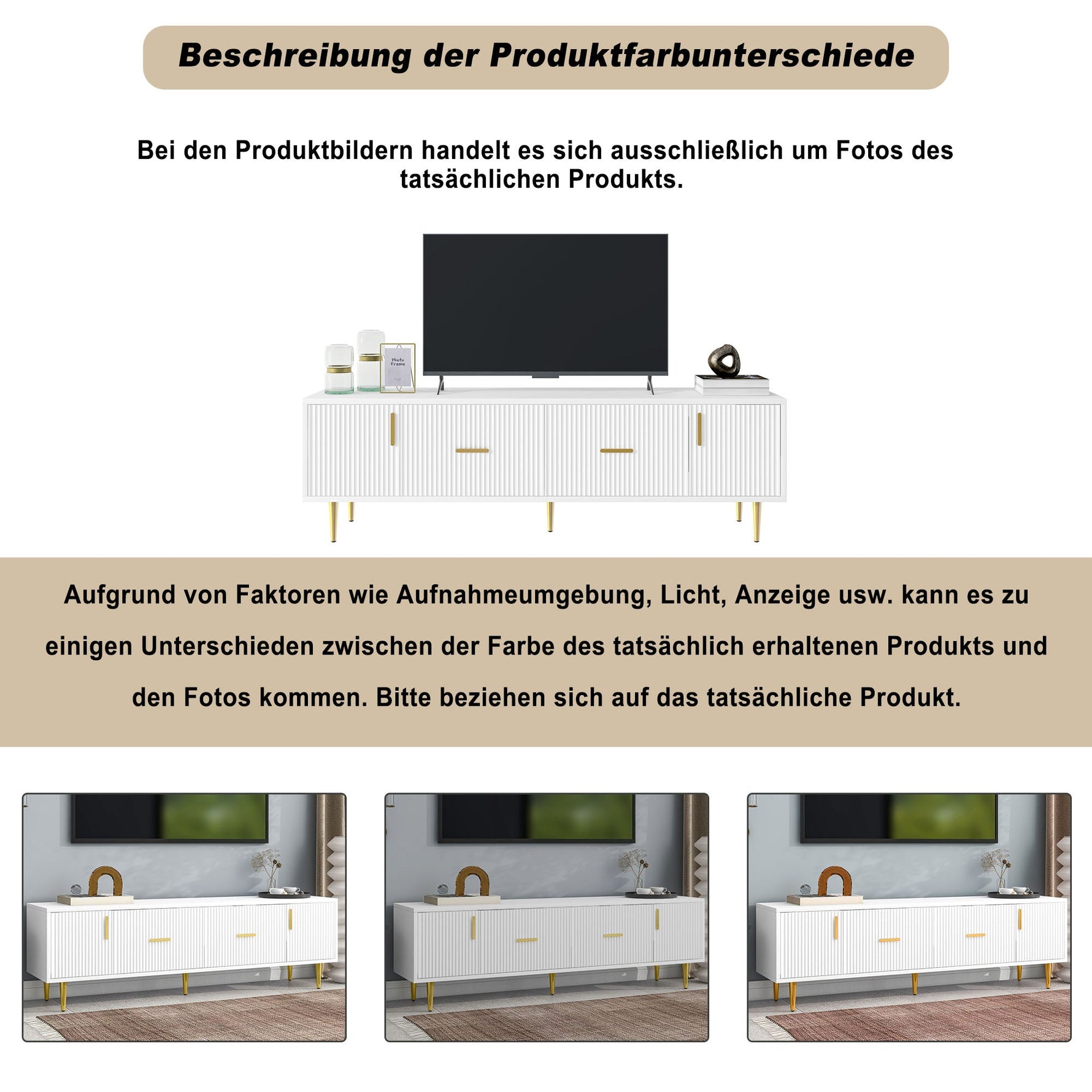 TV Stand 170cm for 70-inch TVs with 2 Doors 2 Drawers Gold Handles White