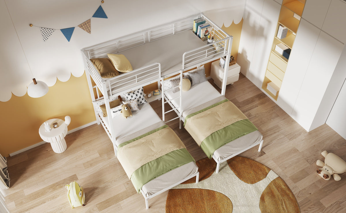 Triple Bed, Bunk Bed with Ladder, Safety Rail & Table, Iron White