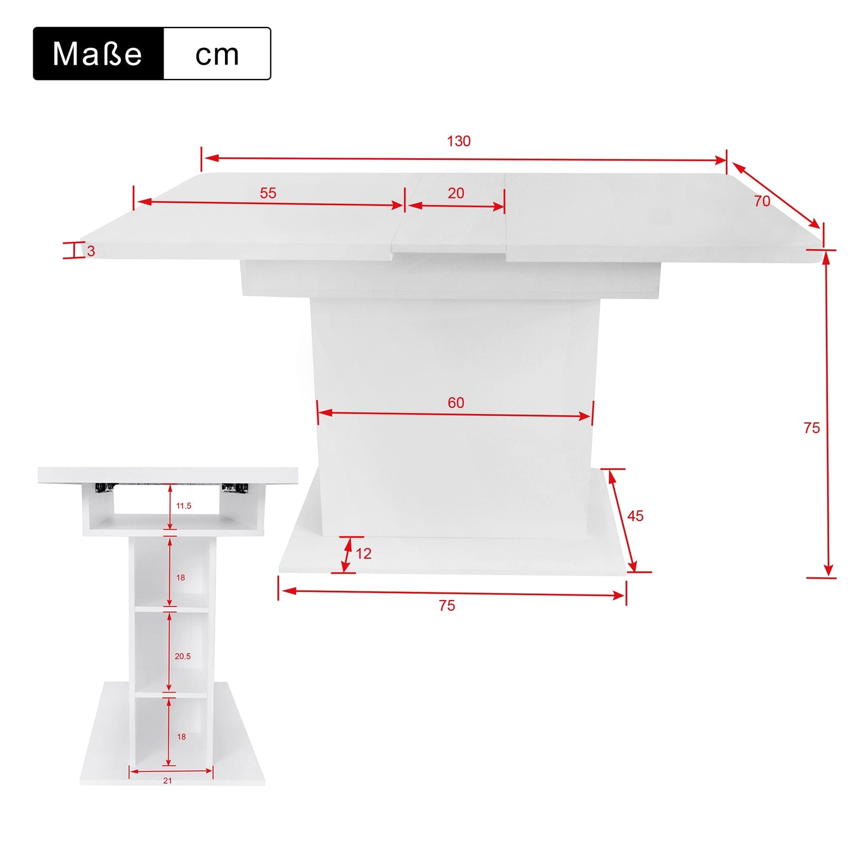 Extendable Dining Table with Storage and Iron Frame, Space-Saving Rectangular Design, White