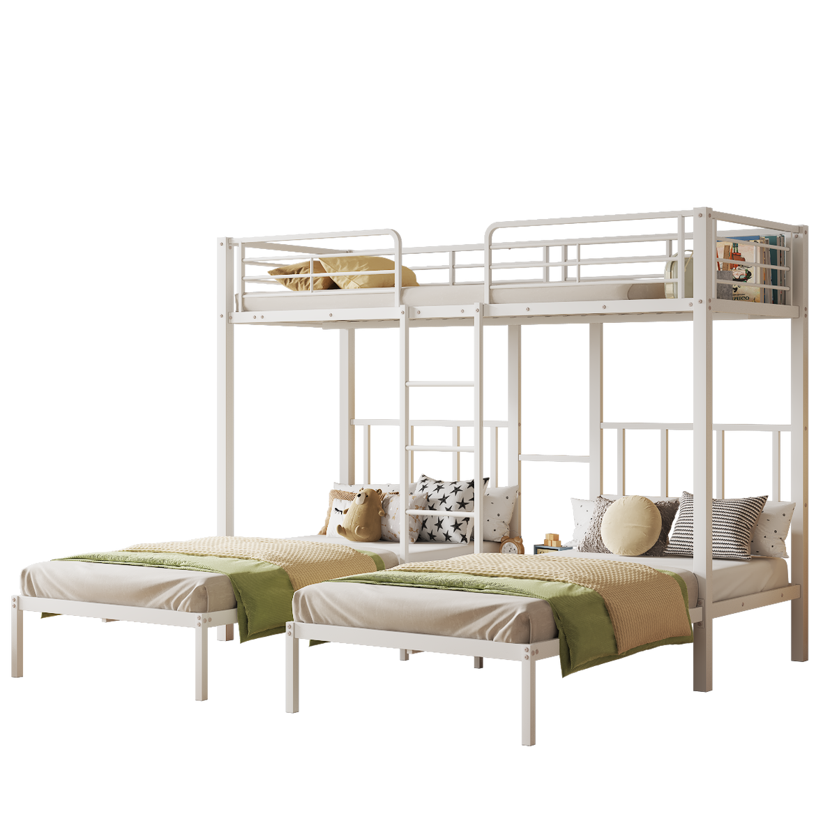 Triple Bed, Bunk Bed with Ladder, Safety Rail & Table, Iron White