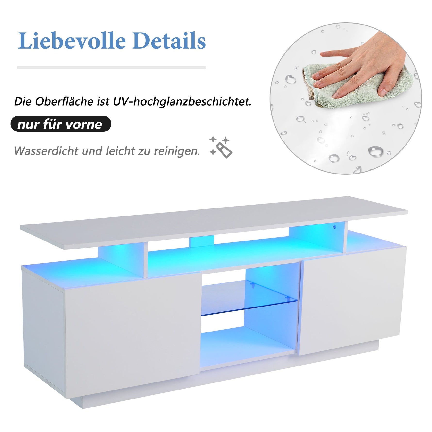 TV Cabinet 1.4m 16-Color LED High-Gloss Doors Glass Shelves - White