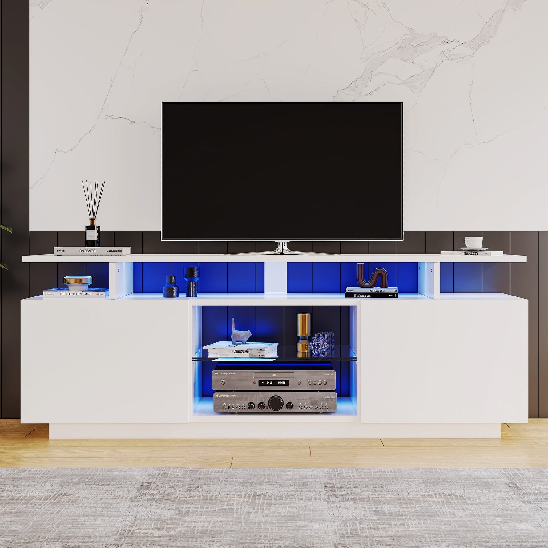 TV Cabinet 1.4m 16-Color LED High-Gloss Doors Glass Shelves - White