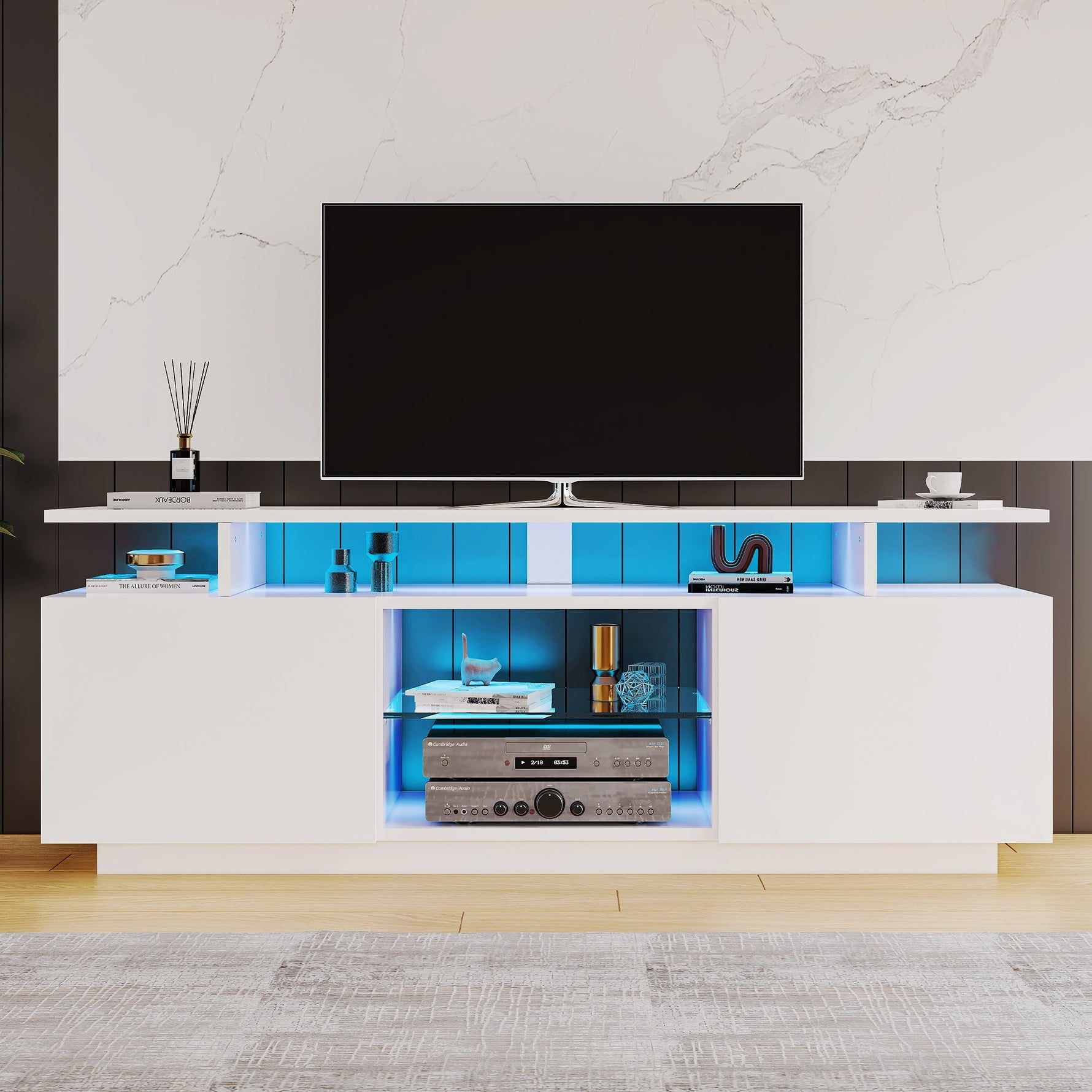 TV Cabinet 1.4m 16-Color LED High-Gloss Doors Glass Shelves - White