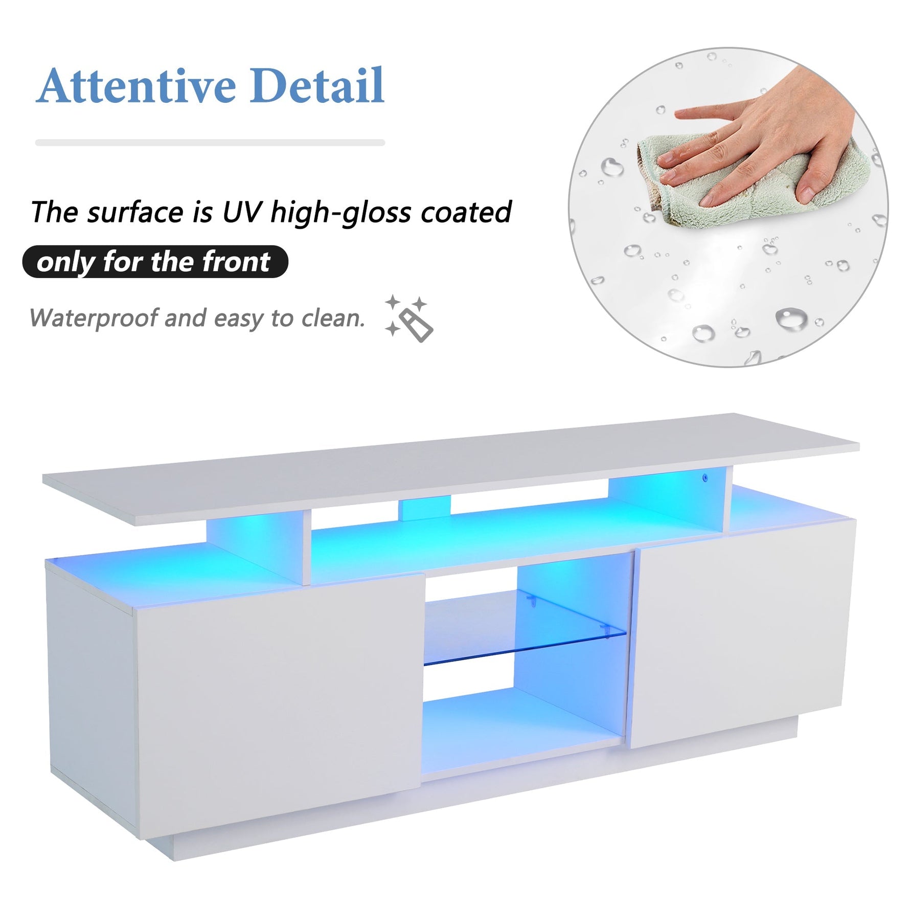 TV Cabinet 1.4m 16-Color LED High-Gloss Doors Glass Shelves - White