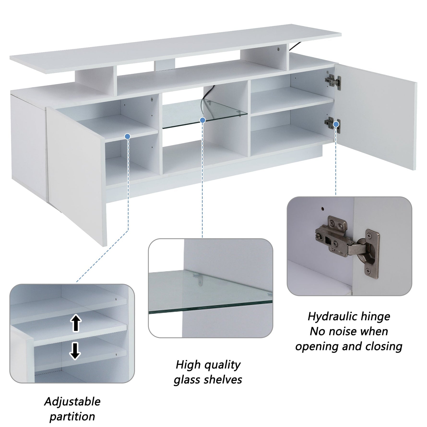 TV Cabinet 1.4m 16-Color LED High-Gloss Doors Glass Shelves - White