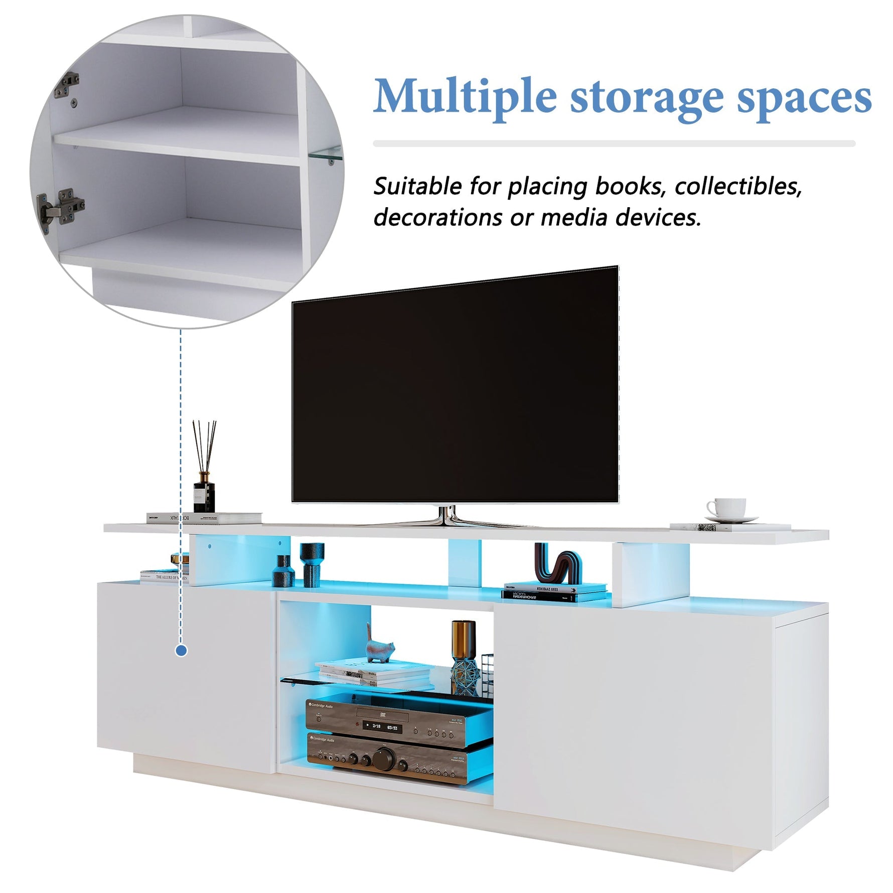 TV Cabinet 1.4m 16-Color LED High-Gloss Doors Glass Shelves - White