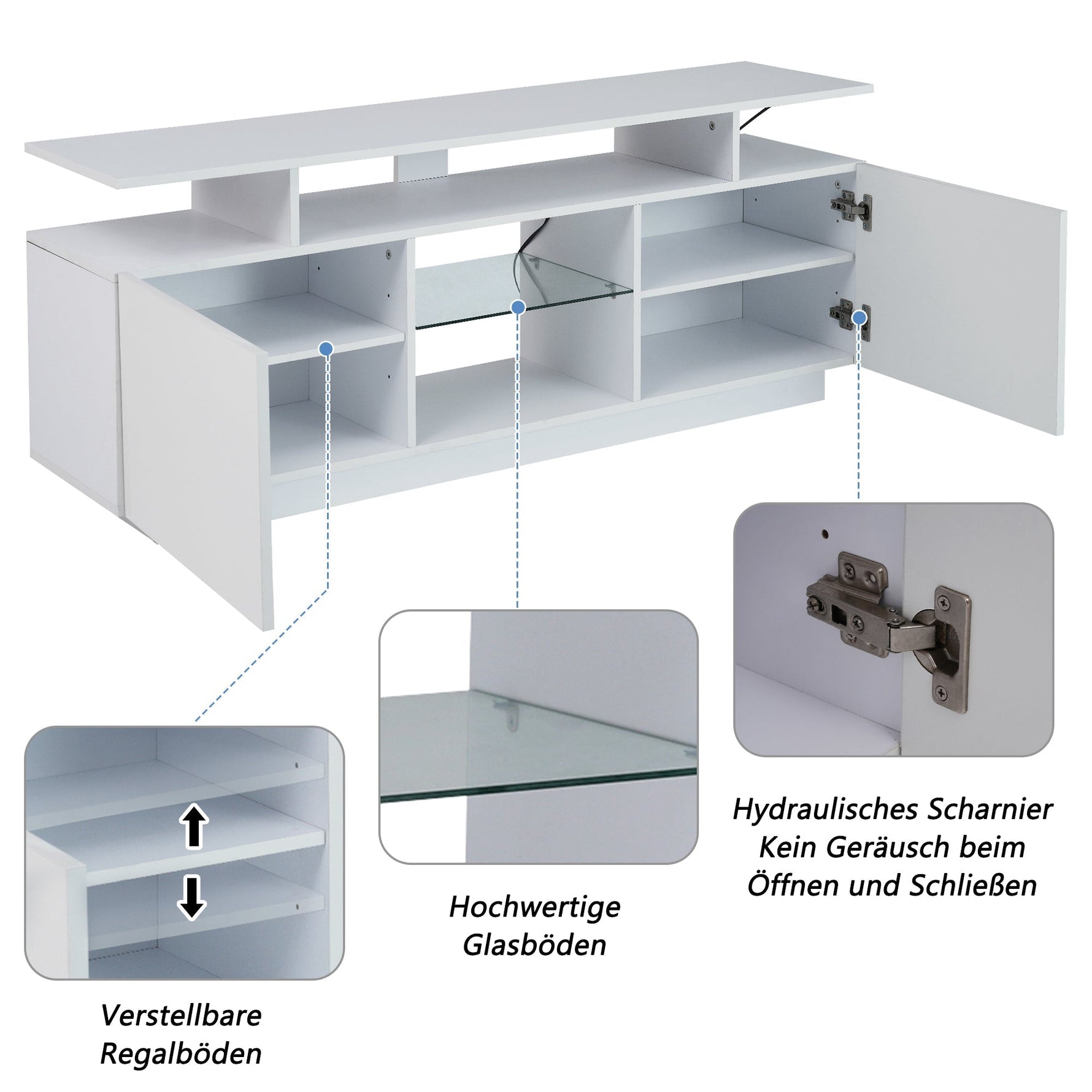 TV Cabinet 1.4m 16-Color LED High-Gloss Doors Glass Shelves - White