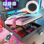 Upholstered Bed, LED Double Bed with USB & Type C Charging, Linen