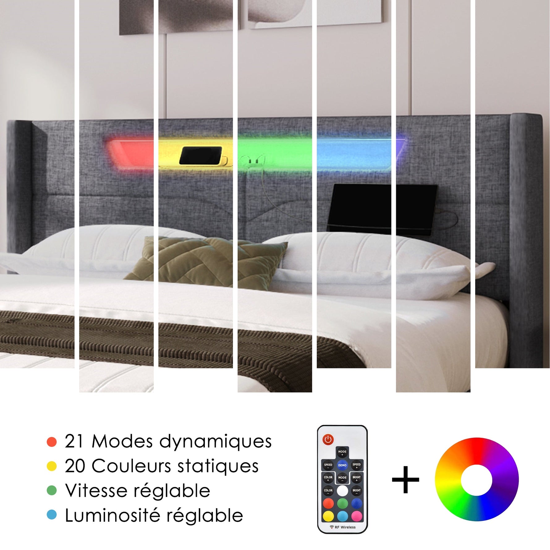 Upholstered Bed, LED Double Bed with USB & Type C Charging, Linen