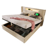Upholstered Bed 140x200 Storage LED USB-C Slatted Base, Linen Material