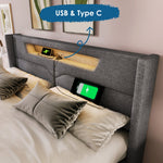 Upholstered Bed 140x200 LED USB-C Storage Slatted Base with Mattress, Linen