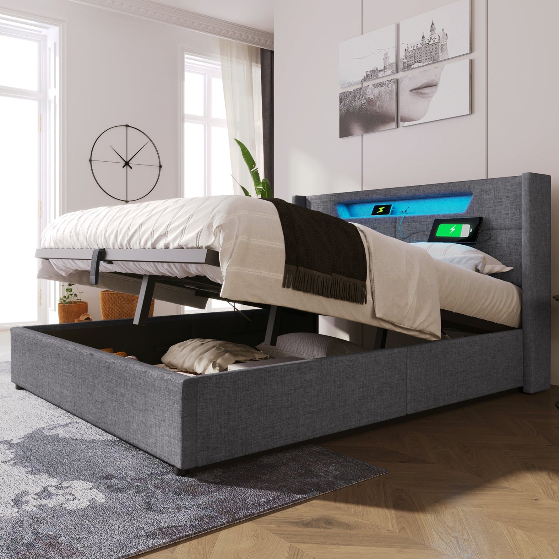 Upholstered Bed, LED Double Bed with USB & Type C Charging, Linen