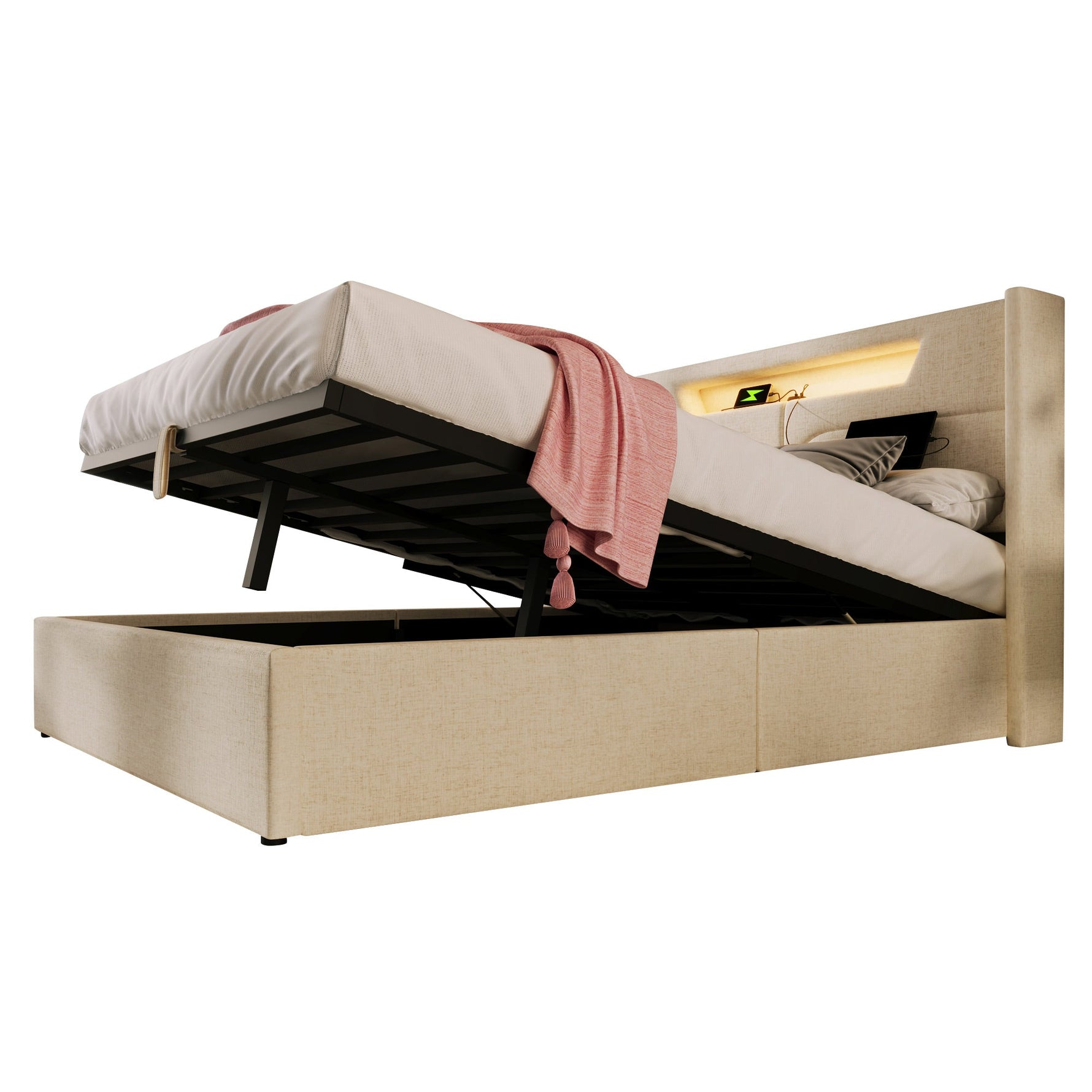 Upholstered Bed, LED Double Bed with USB & Type C Charging, Linen