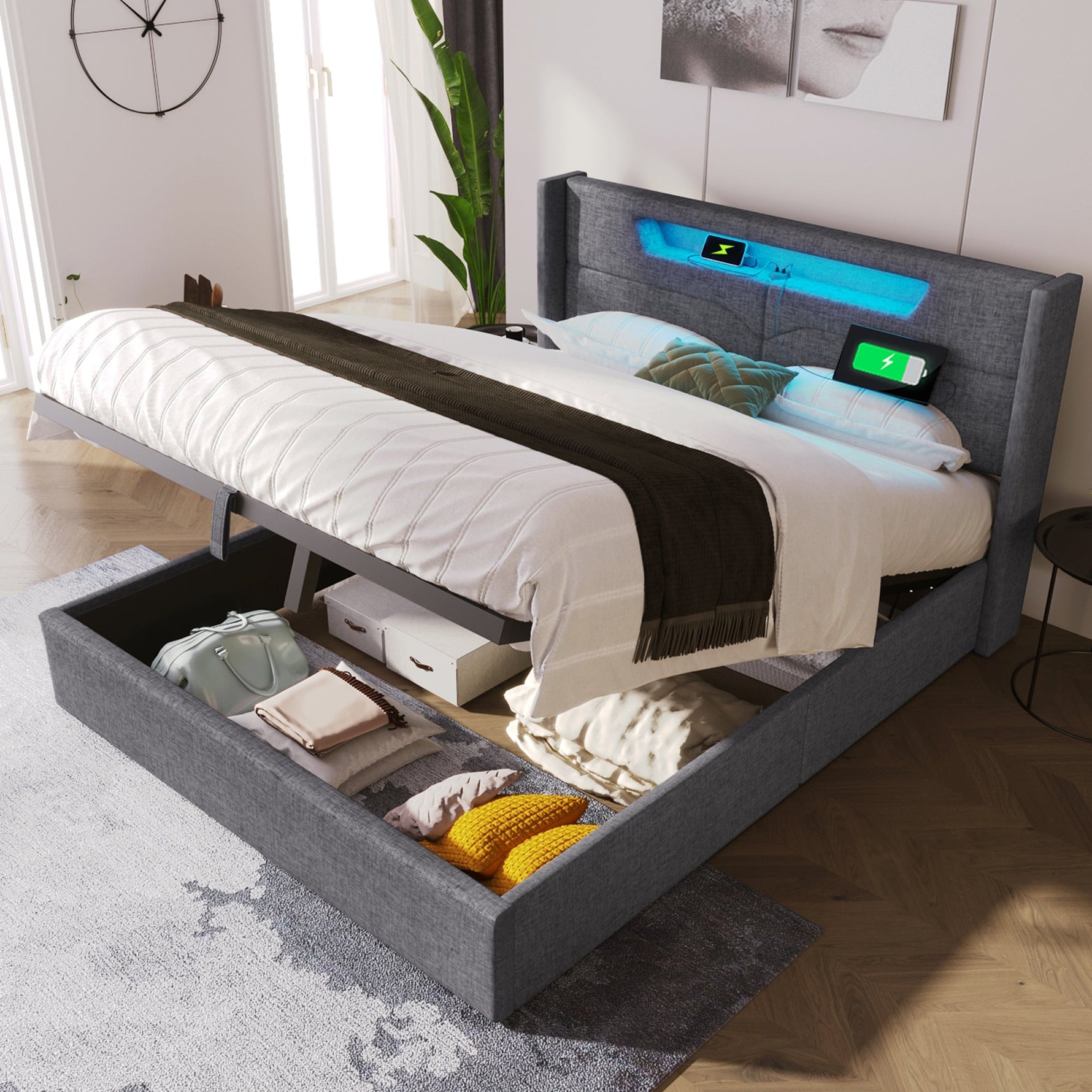 Upholstered Bed 140x200 LED USB-C Storage Slatted Base with Mattress, Linen