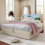 Upholstered Bed, LED Double Bed with USB & Type C Charging, Linen