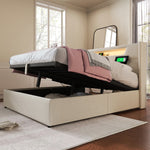 Upholstered Bed, LED Double Bed with USB & Type C Charging, Linen