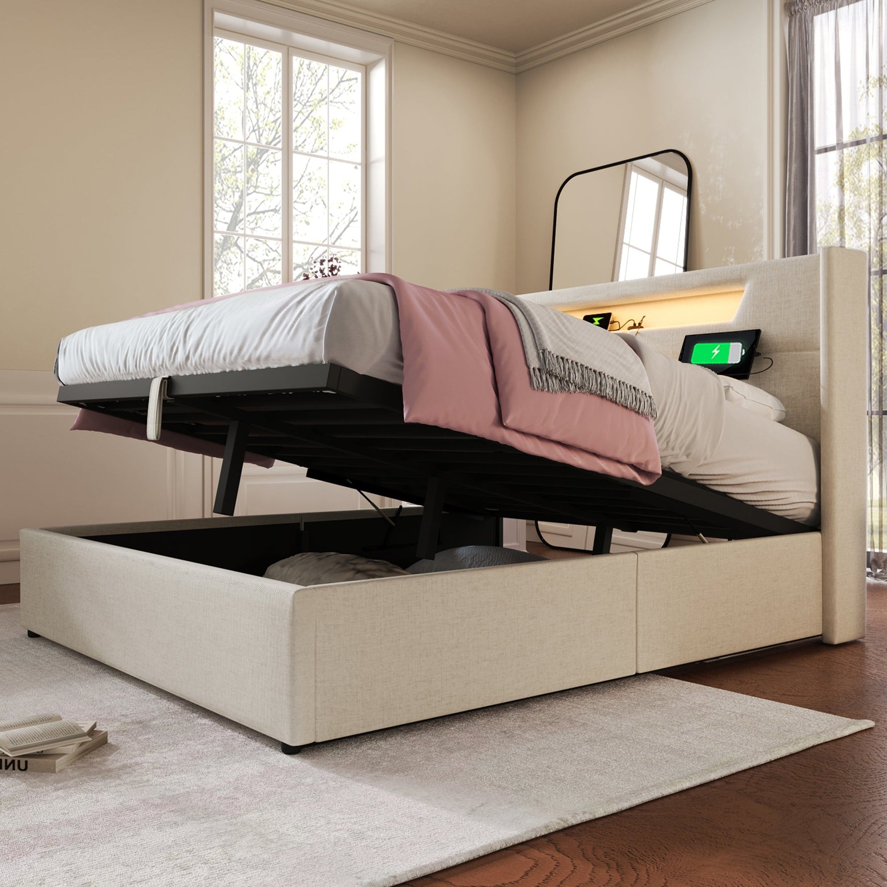 Upholstered Bed, LED Double Bed with USB & Type C Charging, Linen