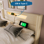 Upholstered Bed, LED Double Bed with USB & Type C Charging, Linen