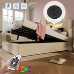 Upholstered Bed, LED Double Bed with USB & Type C Charging, Linen