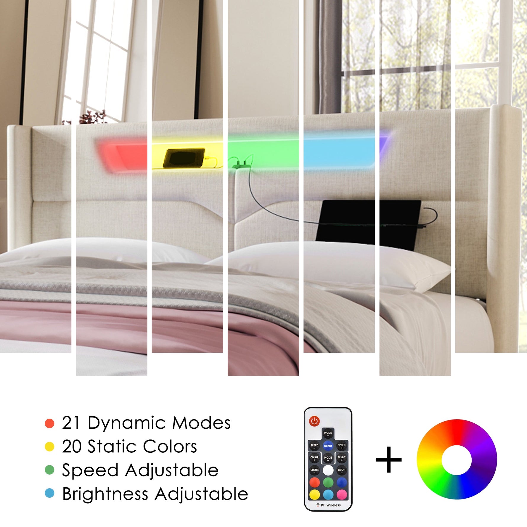 Upholstered Double Bed 160x200 LED USB-C Storage Slatted Base, Linen Material