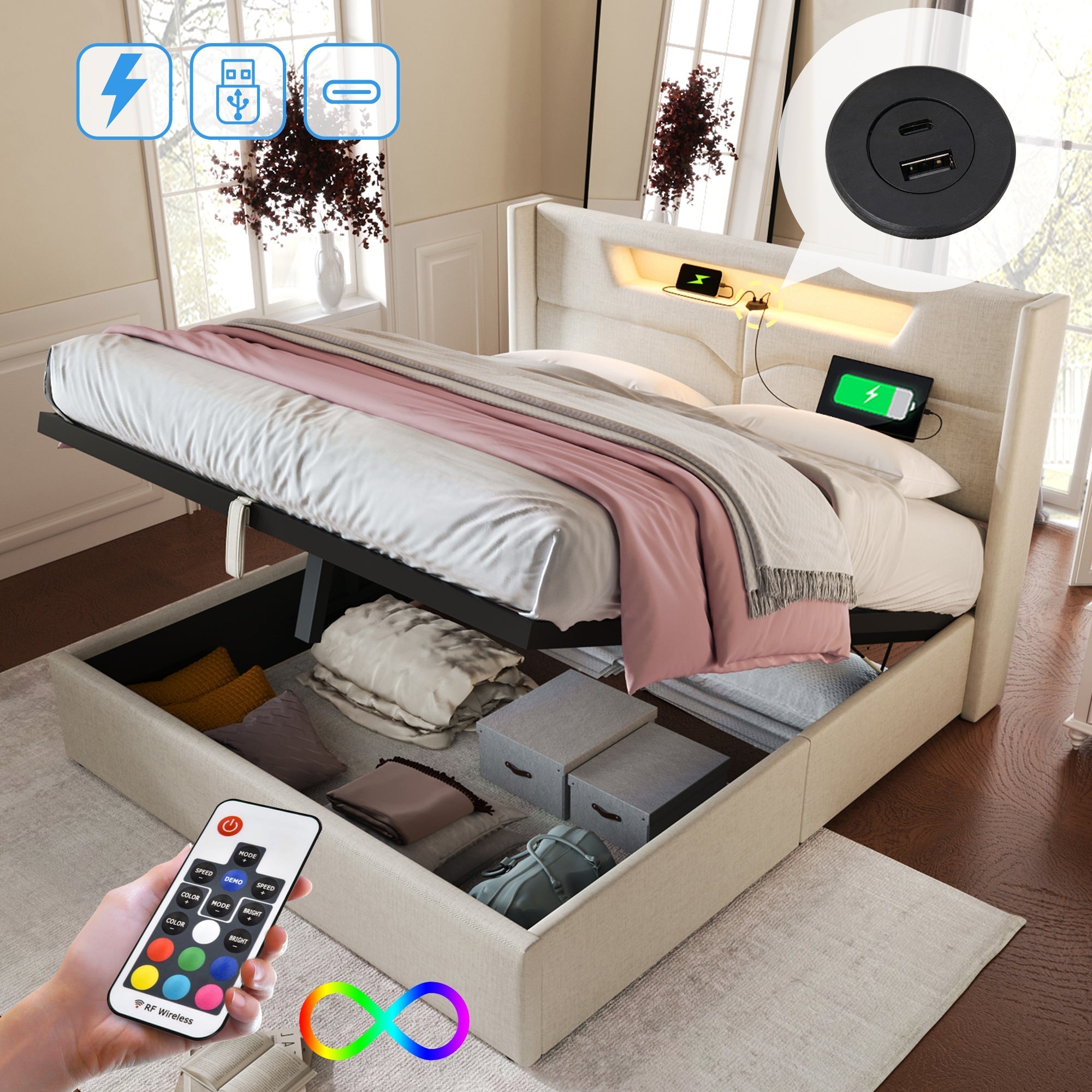 Upholstered Bed 140x200 Storage LED USB-C Slatted Base, Linen Material