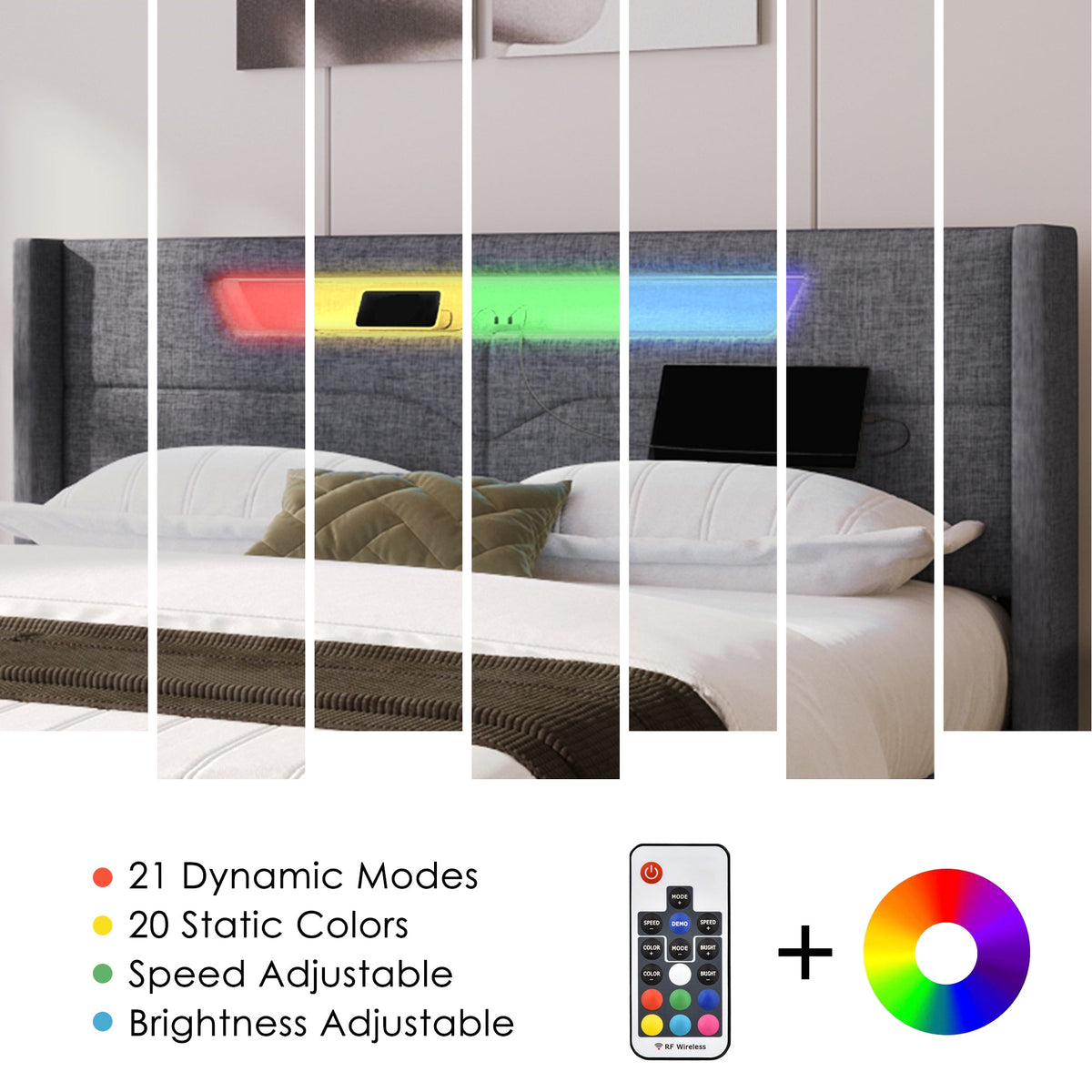 Upholstered Bed, LED Double with USB Type C & Storage, Linen
