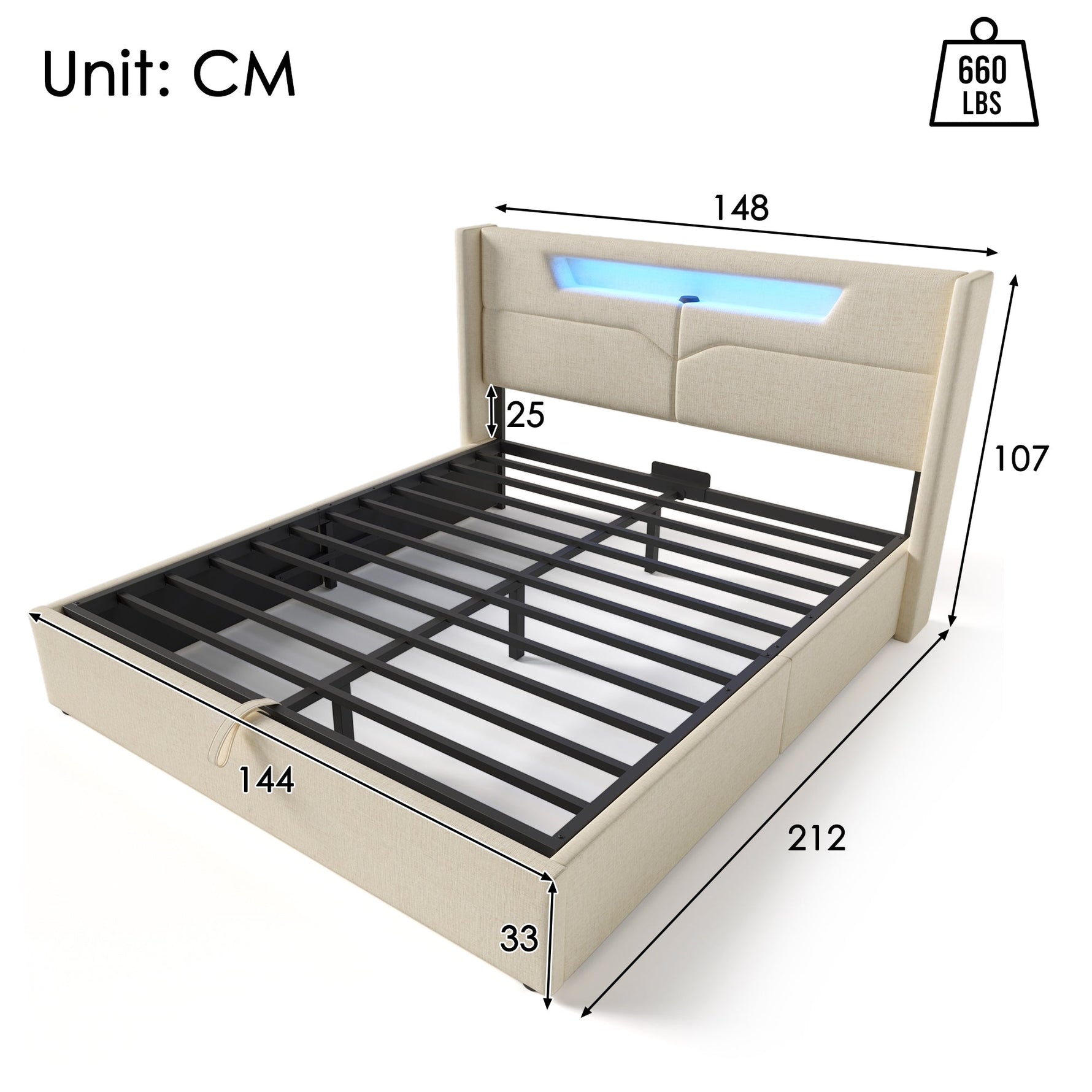 Upholstered Bed 140x200 LED USB-C Storage Slatted Base, Linen Material