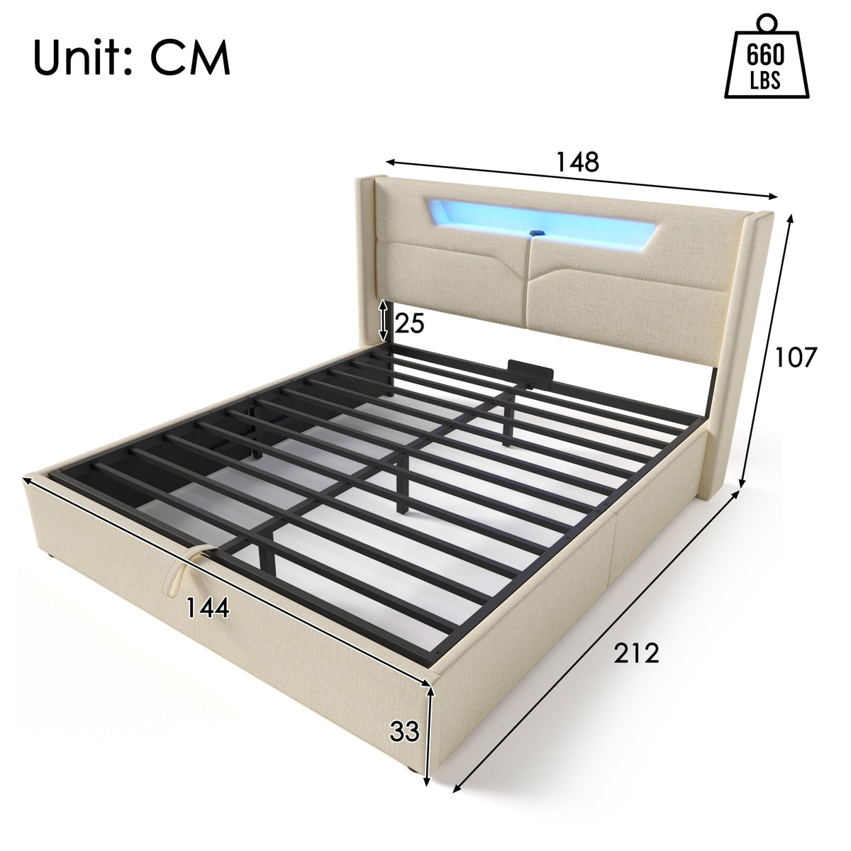 Upholstered Bed, LED Double with USB Type C & Storage, Linen