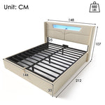 Upholstered Bed, LED Double Bed with USB & Type C Charging, Linen