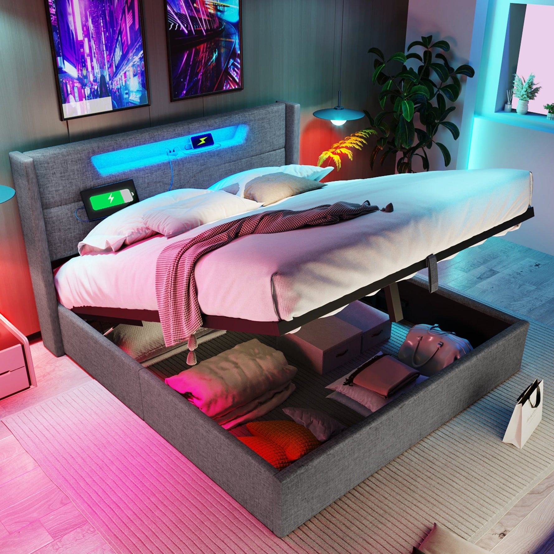 Upholstered Bed 140x200 LED USB-C Storage Slatted Base with Mattress, Linen