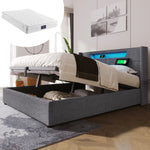 Upholstered Bed, LED Double with USB Type C Charging, Storage & Slatted Frame, Linen