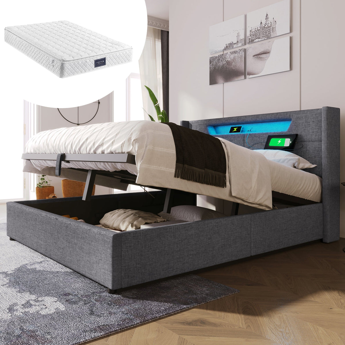 Upholstered Bed, LED Double with USB Type C Charging, Storage & Slatted Frame, Linen