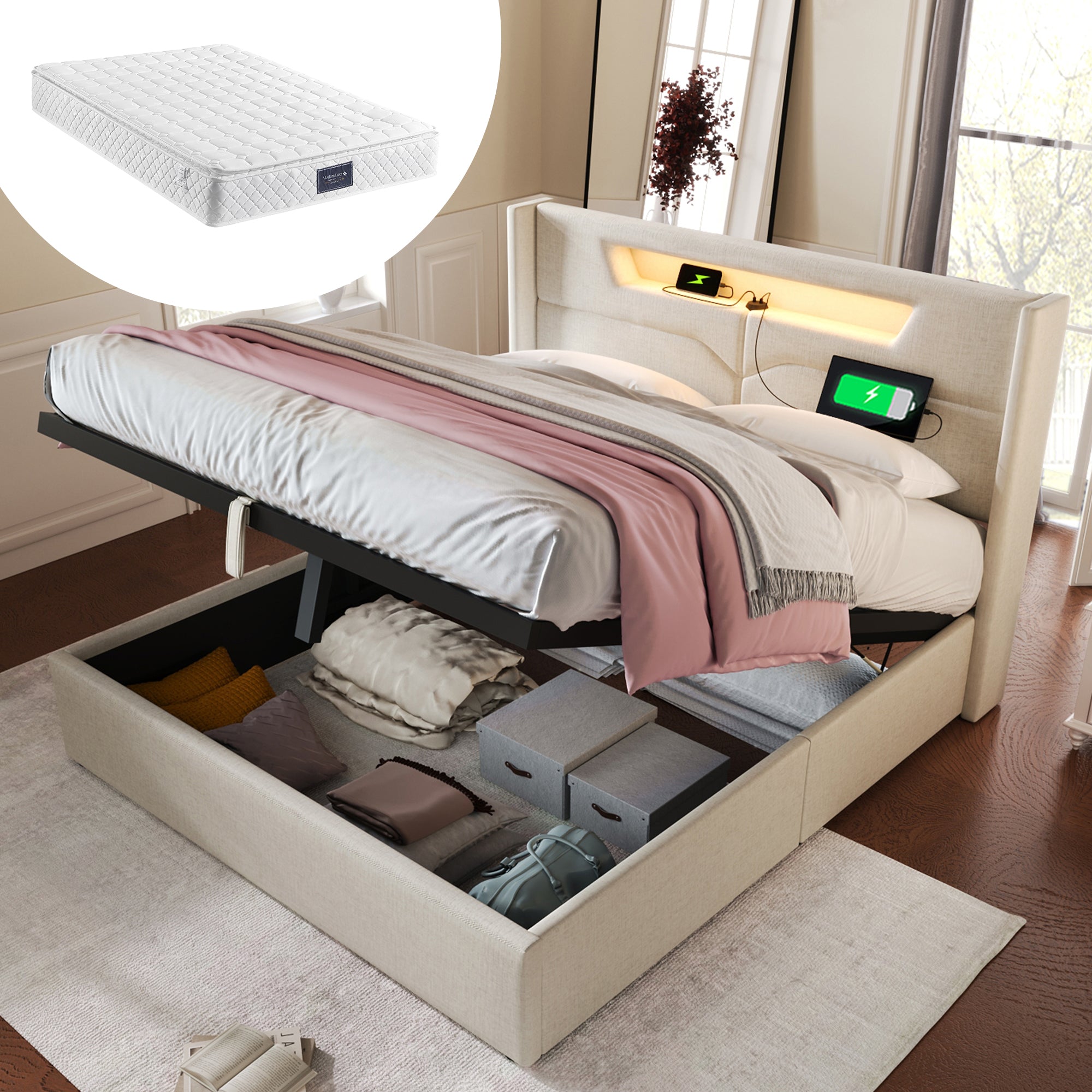 Upholstered Double Bed 160x200 LED USB-C Storage Slatted Base, Linen Material