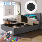 Upholstered Bed, LED Double Bed with USB & Type C Charging, Linen