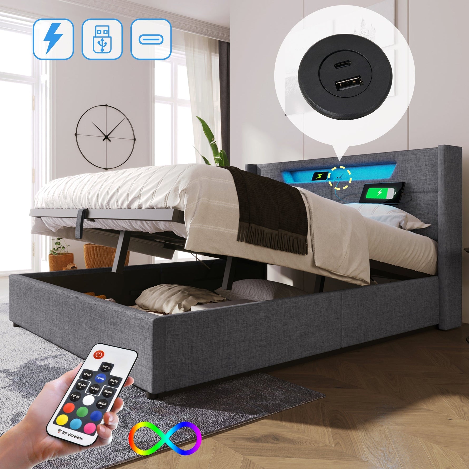 Upholstered Bed, LED Double Bed with USB & Type C Charging, Linen