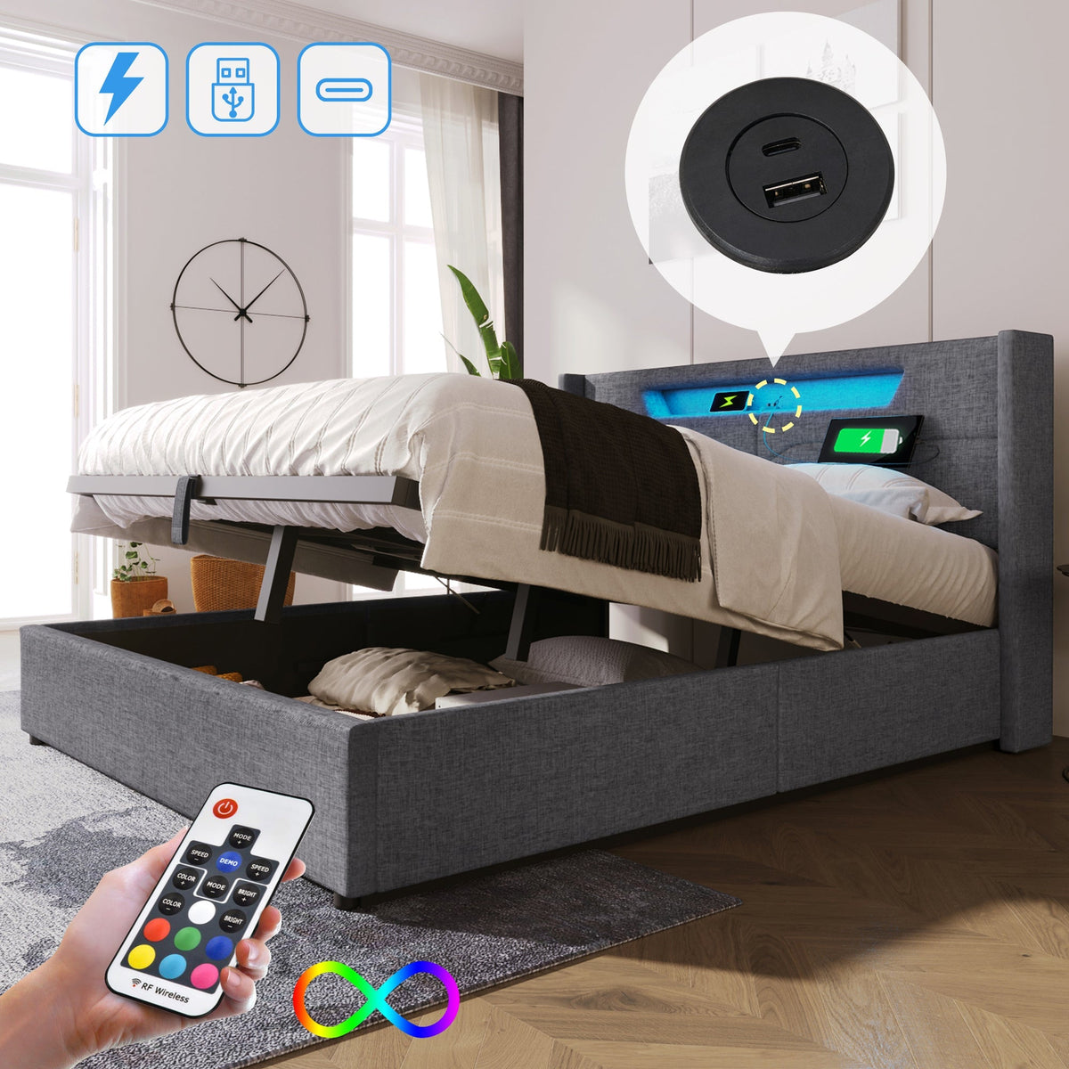 Upholstered Bed, LED Double with USB Type C & Storage, Linen