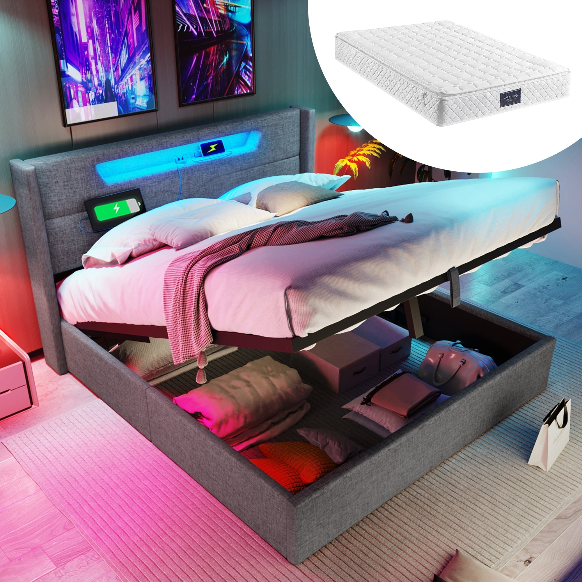Upholstered Bed, LED Double with USB Type C Charging, Storage & Slatted Frame, Linen