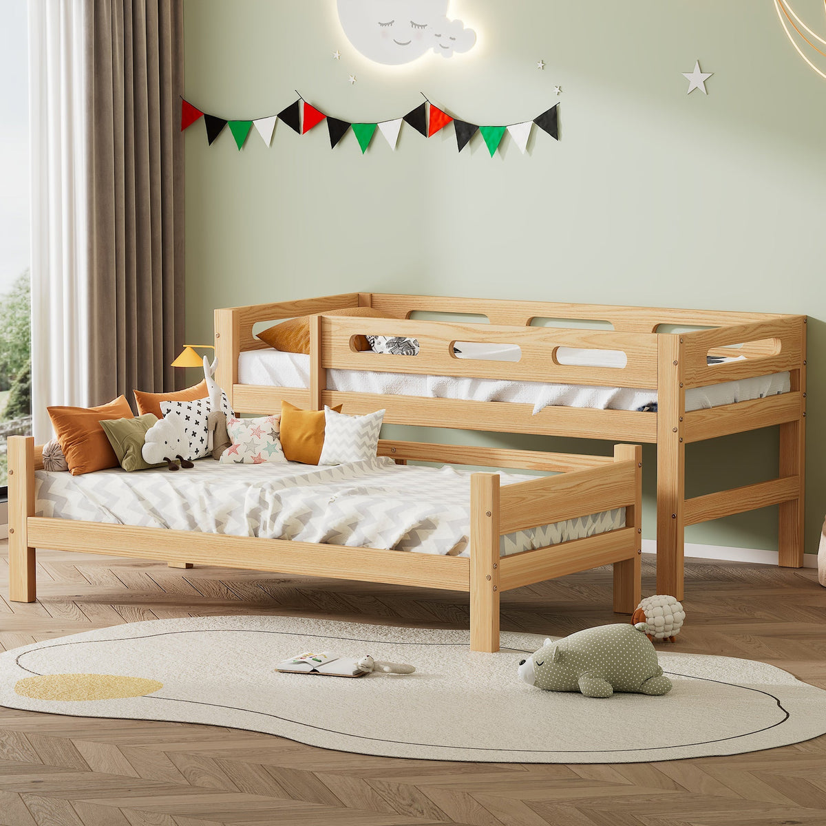 Bunk Bed 90x200cm Divisible 2 Single Beds Sturdy Pine Frame, Natural