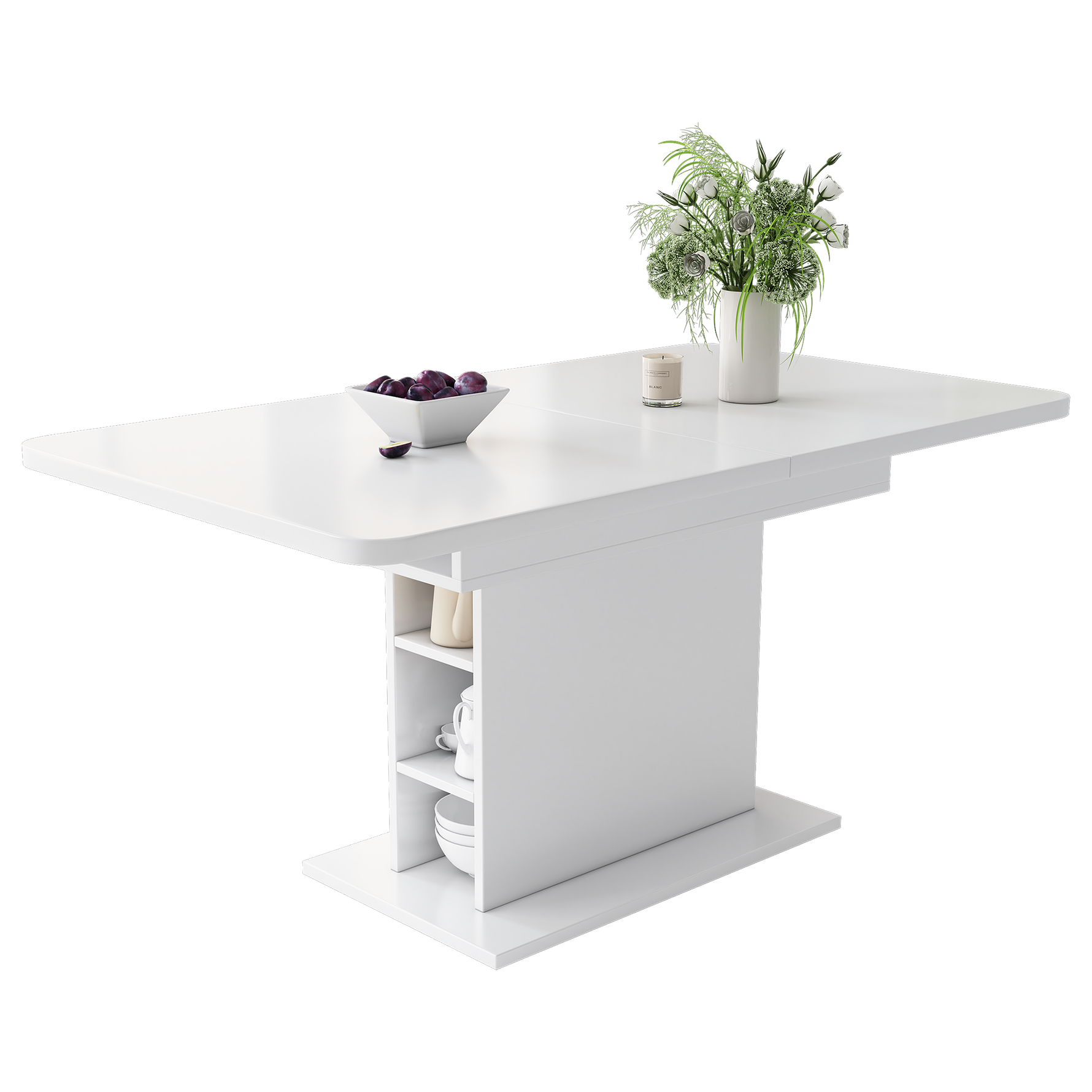 Dining Room Set with Extendable Storage Table and 4 Velvet Chairs, White