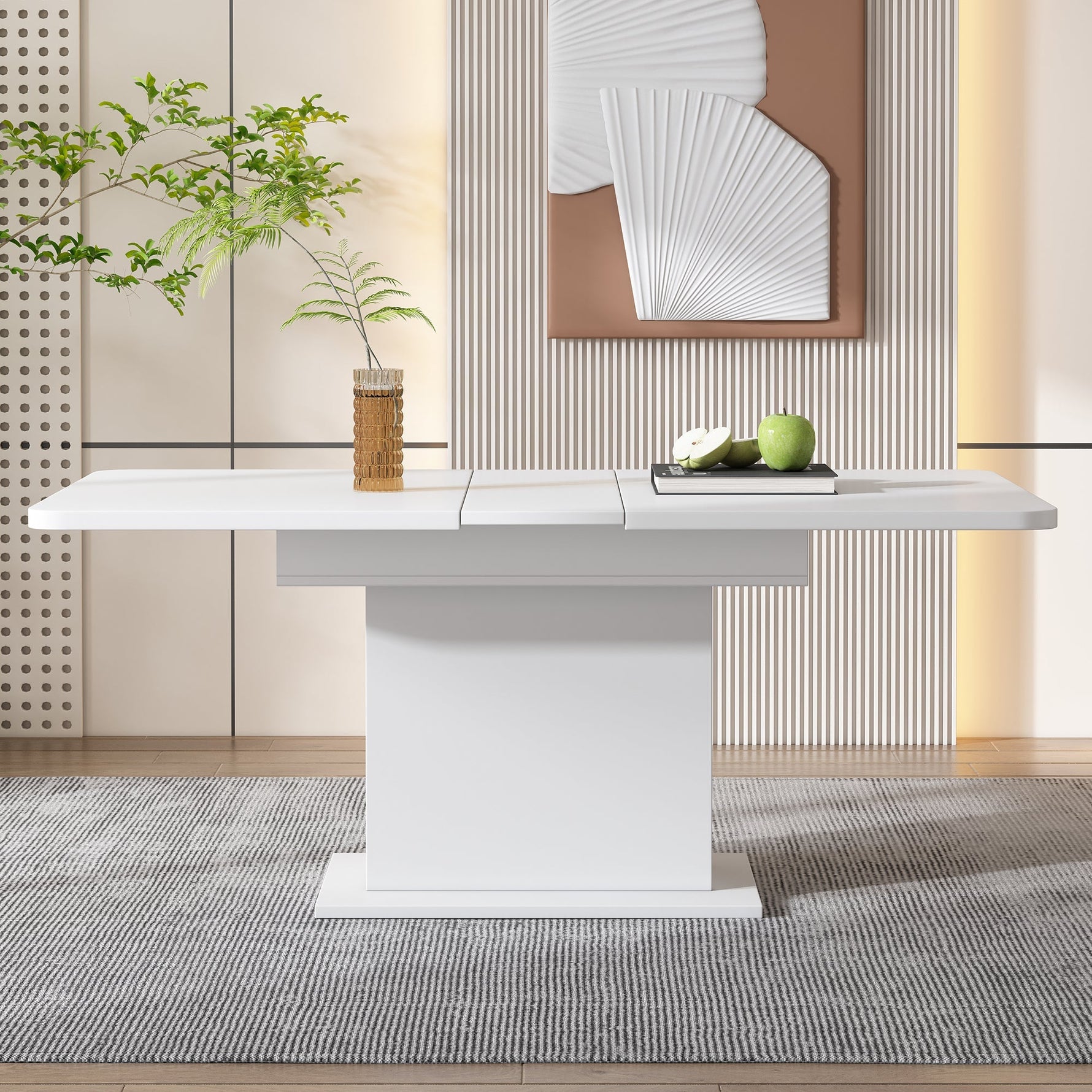 Dining Room Set with Extendable Table, 6 Velvet Chairs and Storage, White