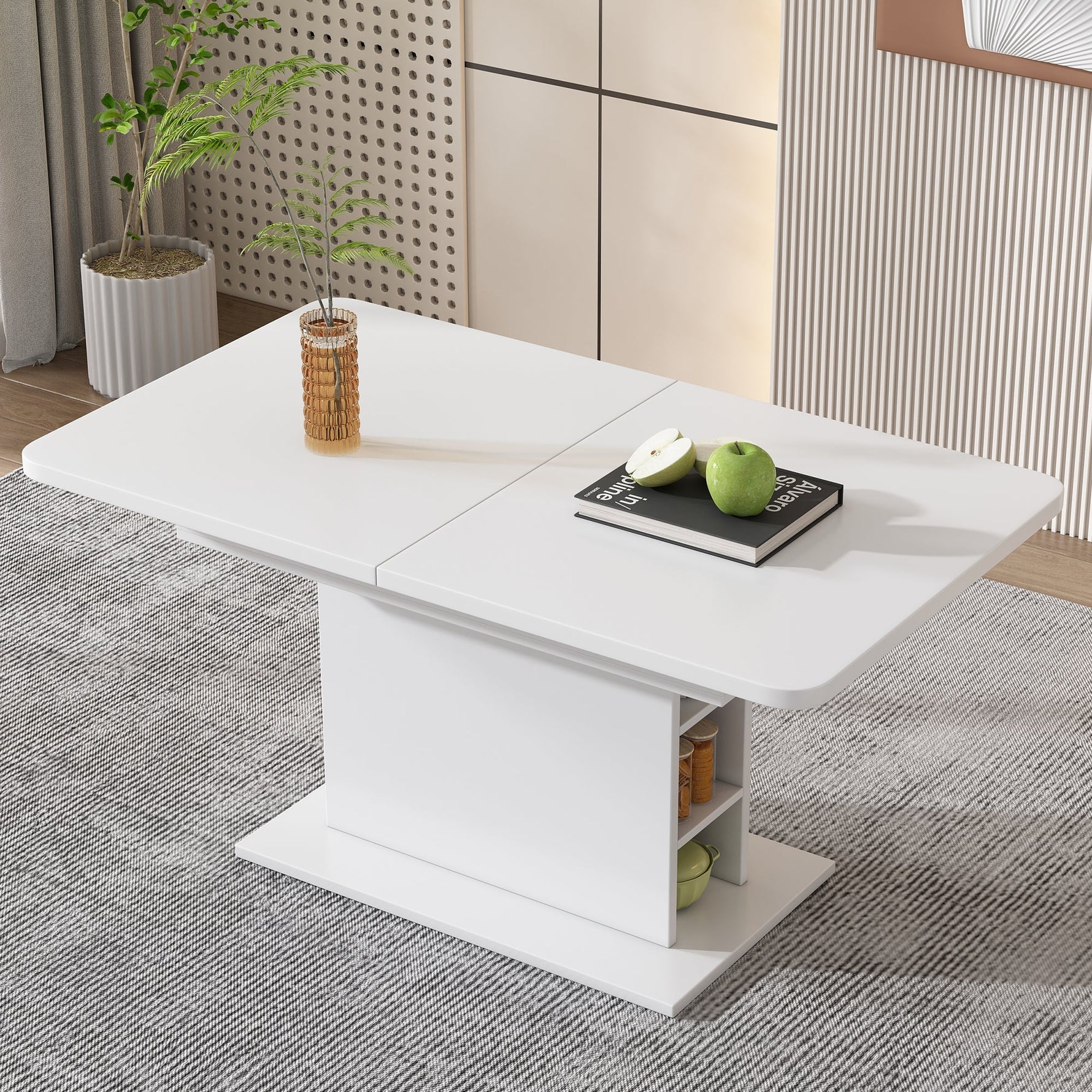 Extendable Dining Set with 4 Sherpa Chairs and Storage, Rectangular, White