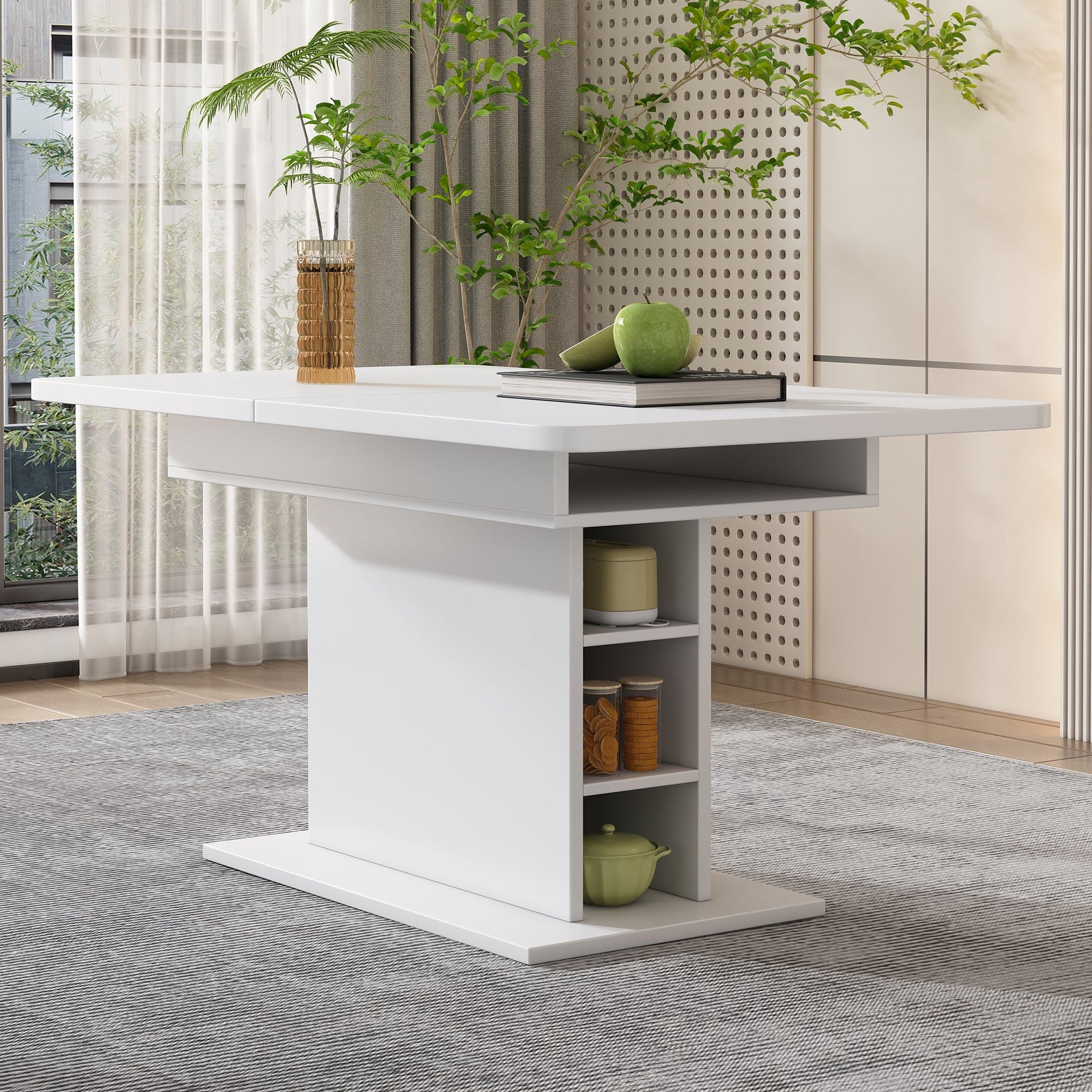 Dining Room Set with Extendable Storage Table and 4 Velvet Chairs, White